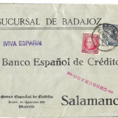 Sellos: 1937 CARTA CENSURA AZUAGA BADAJOZ. GUERRA CIVIL. SELLO REPÚBLICA + PARO OBRERO. Lote 327336073