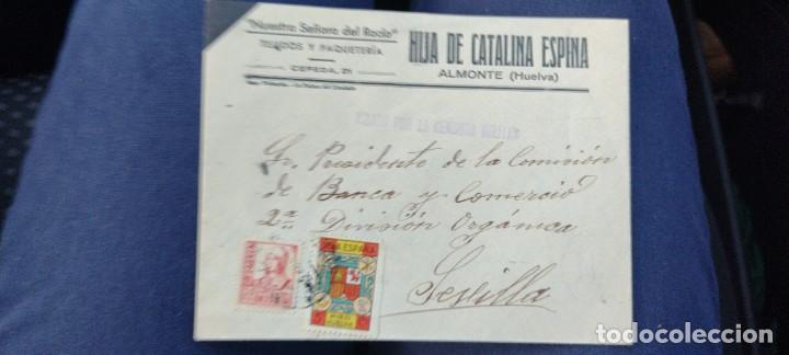 Timbres: Nrt Sra del Roc&iacute;o. Hija de Catalina Espina. Vi&ntilde;eta Pro Huelva. Ayamonte. Censura no catalogada