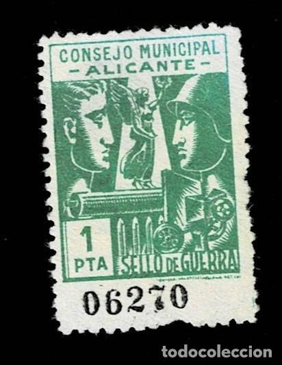 Briefmarken: A6-5 Guerra Civil ALICANTE Consejo Municipal SELLO DE GUERRA Fesofi n&ordm; 32 Valor 125 Pta. Color VERDE