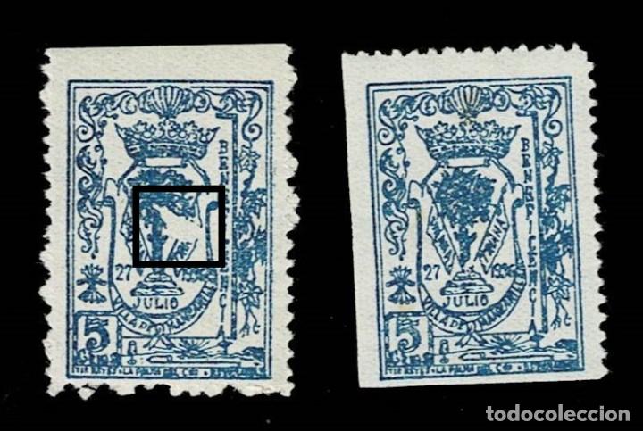 Briefmarken: Guerra Civil MANZANILLA - BENEFICENCIA Fesofi n&ordm; 7 (2) uno con VARIEDAD ROTURA DE CLICHE Valor 5 cts