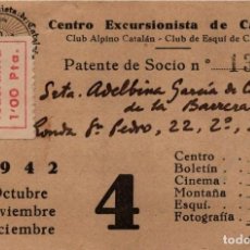 Sellos: CENTRO EXCURSIONISTA DE CATALUÑA - CUOTA 1 PTA. - 4º TRIMESTRE 1942 - MONTAÑA Y ESQUÍ - 95X65MM. Lote 356743555
