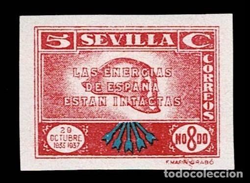 Timbres: Guerra Civil SEVILLA Fesofi PRUEBA SIN DENTAR Edifil n&ordm; 61 Color Y CARMIN Y AZUL PALIDO Con fijasell
