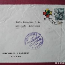 Sellos: CIRCULADA 1939 DE BILBAO A MONDRAGON GUIPUZCOA CON CENSURA MILITAR Y SELLO FRENTE HOSPITALES. Lote 363061085