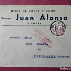 Sellos: CIRCULADA 1937 DE VITORIA A MONDRAGON GUIPUZCOA CON CENSURA MILITAR Y SELLO HOSPITALES FRENTE. Lote 364438631