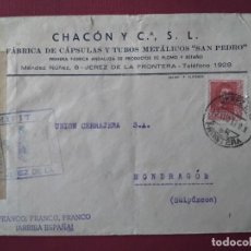 Sellos: CIRCULADA 1939 DE JEREZ CADIZ A MONDRAGON GUIPUZCOA CON CENSURA MILITAR Y SELLO LOCAL. Lote 364668601
