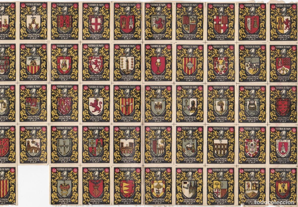 Briefmarken: F&oacute;sforos de Papel - Hacienda P&uacute;blica C. A. F. - Hoja conteniendo 49 Escudos Provinciales