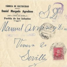 Sellos: 1938 CARTA FRONTAL PUEBLA DE LOS INFANTES SEVILLA. CENSURA LORA DEL RÍO. Lote 366169671