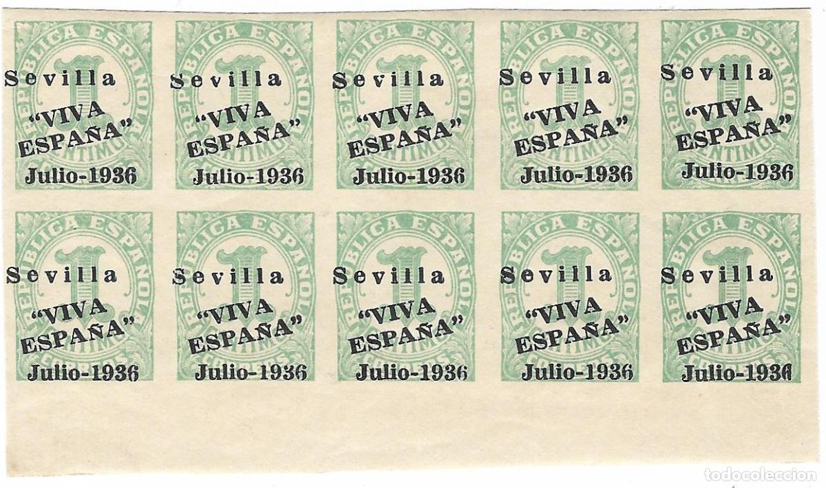 Briefmarken: Edifil 677** (x10) sello rep&uacute;blica sobrecarga local Guerra Civil - &rdquo;Sevilla VIVA ESPA&Ntilde;A&rdquo; Julio-1936