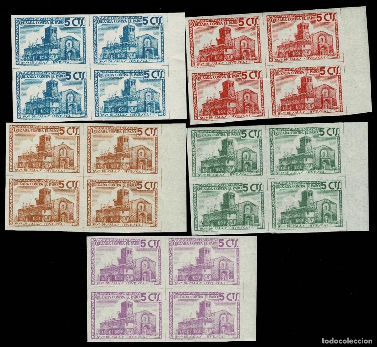 Briefmarken: CL8-24 Guerra Civil HUESCA Santuario de SALAS Serie completa SIN DENTAR en BLOQUE DE 4 Sin fijasel