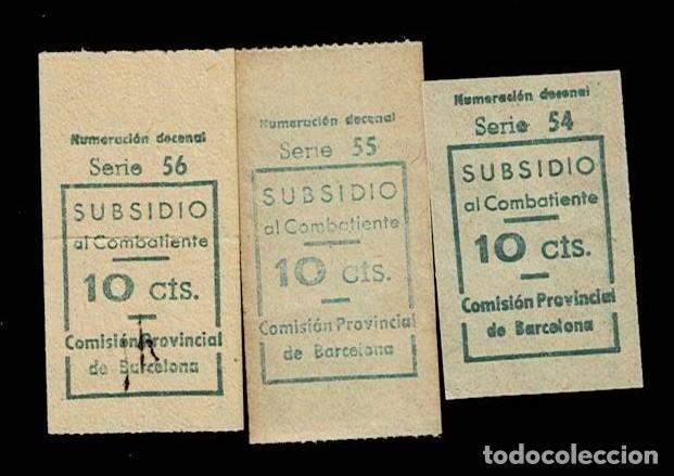 Stamps: Guerra Civil BARCELONA Conjunto de 3 tickets del SUBSIDIO AL COMBATIENTE de numeracion decenal, de S