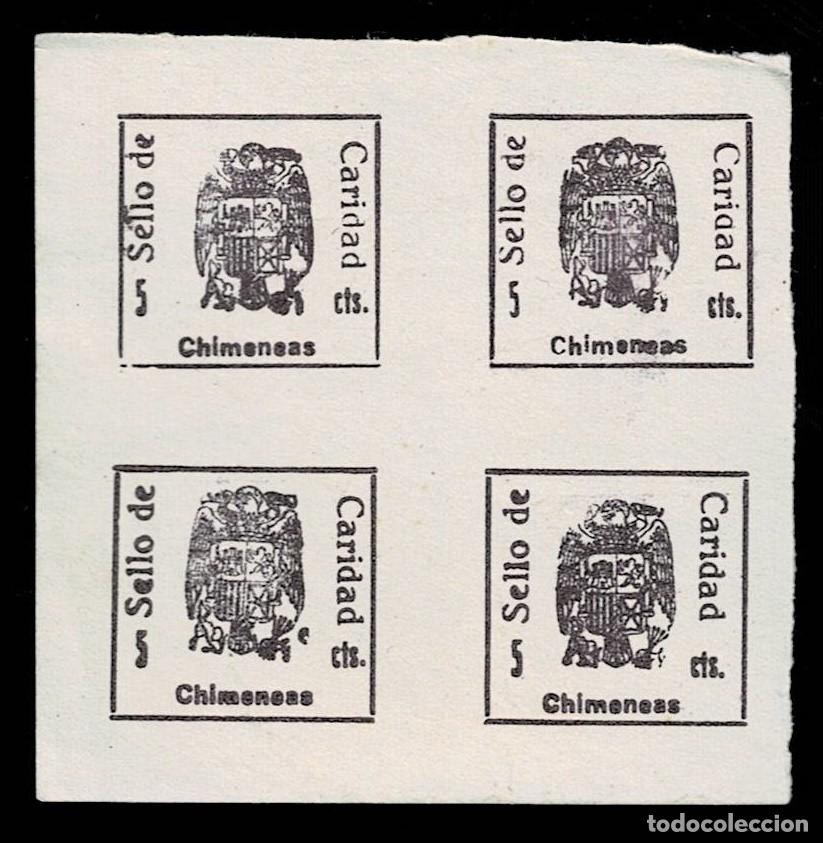 Francobolli: Guerra Civil CHIMENEAS Fesofi n&ordm; 11 Varieddad (MACULA AL LADO DEL ESCUDO) Bloque de 4 SIN DENTAR. C