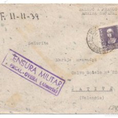 Sellos: AÑO 1939, RARISIMA CENSURA MILITAR DE HUERCAL-OVERA (ALMERIA) EN CARTA A JATIVA. Lote 390325854