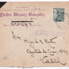 Sellos: SOBRE. SAN LORENZO DE EL ESCORIAL A VALLADOLID. 1939. CENSURA MILITAR