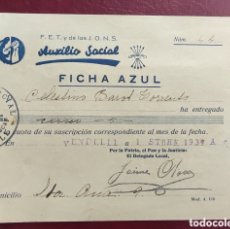 Sellos: GUERRA CIVIL AUXILIO SOCIAL CUOTA FICHA AZUL VENDRELL SEPTIEMBRE 1939. Lote 400752949