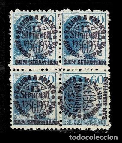 Francobolli: 0553 Guerra Civil SAN SEBASTIAN Fantasias filatelicas Edifil 754 Scga. Tipo I en Bloque de 4 (uno c