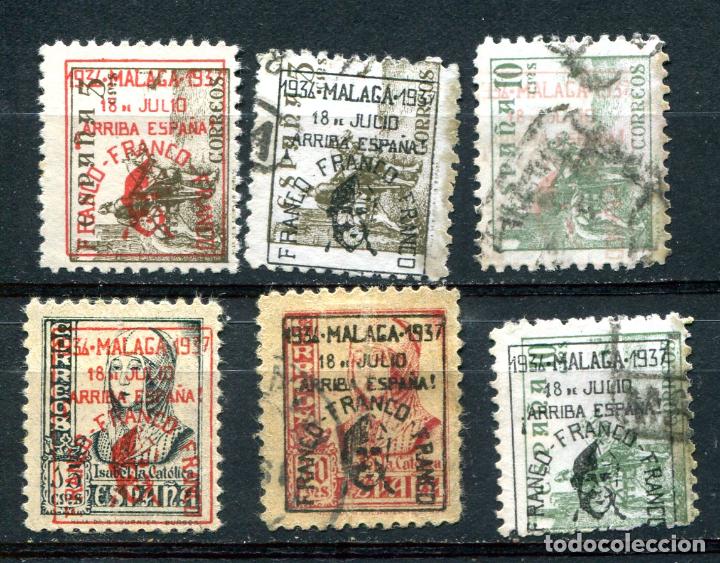 Francobolli: 6 sellos diferentes, locales patri&oacute;ticos de M&aacute;laga. Hay una variedad de color de la sobrecarga