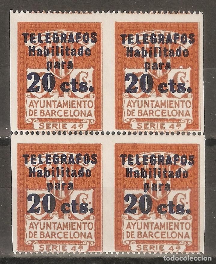Selos: BARCELONA TELEGRAFOS 1936 EDIFIL 11** SIN FIJASELLOS EN BLOQUE DE 4 VALOR 192 &euro; VARIEDAD DENTADO