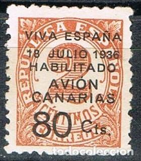 Stamps: 0299. Sello vi&ntilde;eta CANARIAS 80 sobre 2 ctos. Guerra Civil, edifil num 5A *