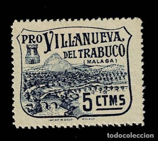 Stamps: Guerra Civil VILLANUEVA DEL TRABUCO Fesofi n&ordm; 2 Papel GRIS Valor 5 cts Color AZUL Con fijasellos VER