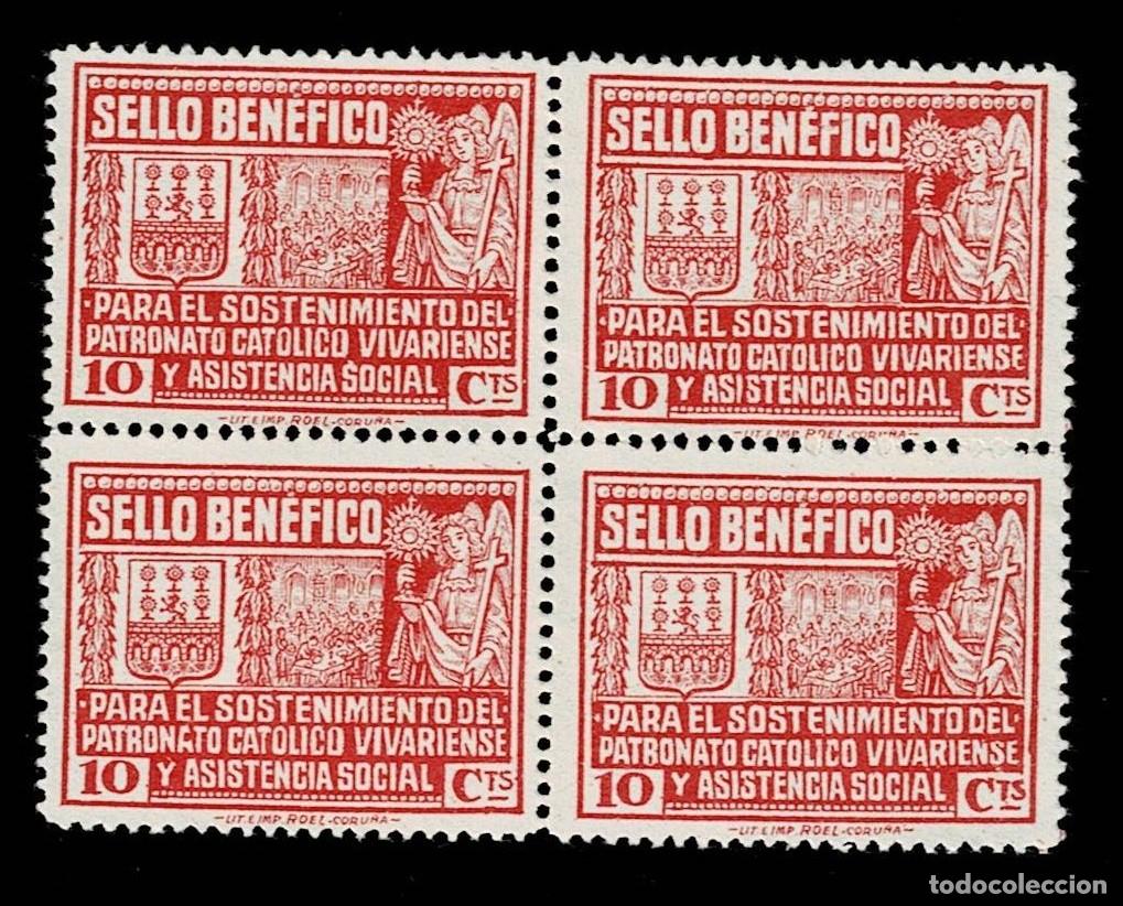 Stamps: Guerra Civil VIVERO SELLO BENEFICO Fesofi n&ordm; 2 en BLOQUE DE 4 Valor 5 cts Color ROJO NARANJA Sin fij