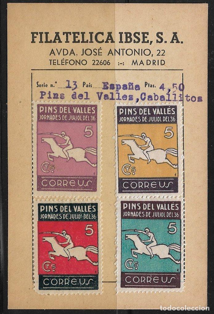 Timbres: sellos locales Guerra Civil, Barcelona, PINS DEL VALL&Eacute;S, Tarjeta con FESOFI n&ordm; 13, 16, 20 y 32 *