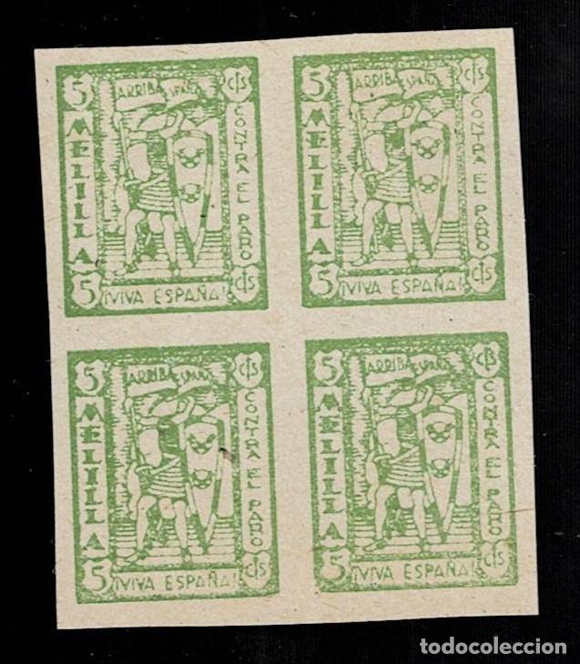 Stamps: 0089 Guerra Civil MELILLA Contra el PARO Fesofi n&ordm; 15 en BLOQUE DE 4 Sin fijasellos VER