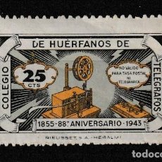 Sellos: TV.15/ COLEGIO DE HUERFANOS DE TELEGRAFOS, 1855 - 88 ANIV. 1943, NUEVO** CON GOMA