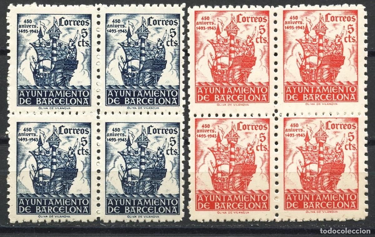 Selos: POSGUERRA, SELLOS, BARCELONA, 450 ANIV. LLEGADA DE COL&Oacute;N, 1943, SERIE, (4)