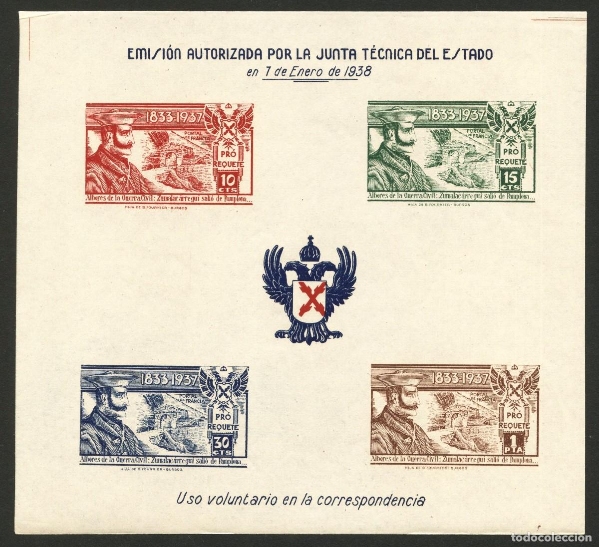 Stamps: GUERRA CIVIL, VI&Ntilde;ETA, HOJA BLOQUE, REQUET&Eacute;S, GENERAL ZUMALAC&Aacute;RREGUI, 1938