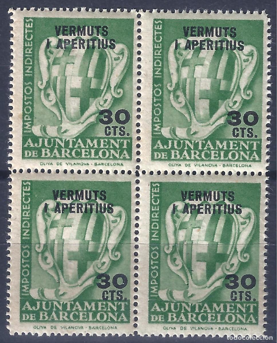 Sellos: AJUNTAMENT DE BARCELONA. SOBRECARGA VERMUTS I APERITIUS 30 CTS. (B/4). MNH ** (SALIDA: 0,01 &euro;).