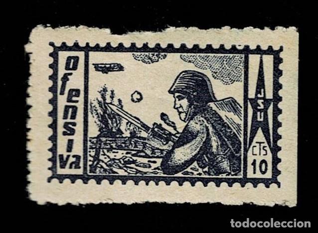 Briefmarken: CL3-38 Guerra Civil Vi&ntilde;eta de la J.S.U. OFENSIVA  Valor 10 cts. AZUL OSCURO sin fijasellos
