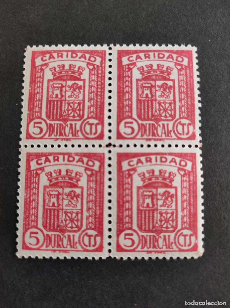 Timbres: DURCAL-GRANADA- 5 CTS -CARIDAD. VARIEDAD. CALCADO AL REVERSO. E-3ic. BLOQUE DE 4