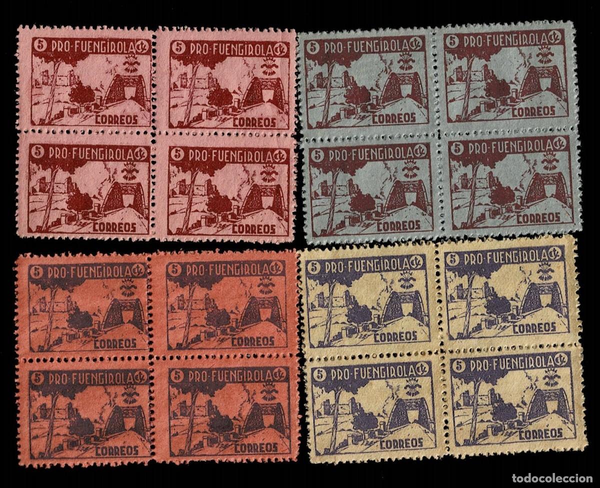 Briefmarken: Guerra Civil Fuengirola 1 PRO FUENGIROLA 4 BLOQUES DE 4, Valor 5 cts Sin fijasellos VER