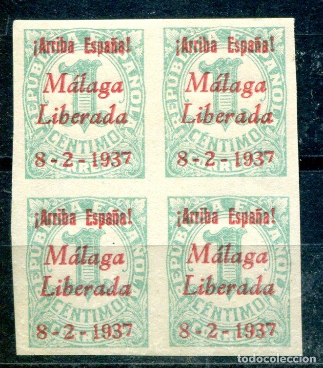 Timbres: Edifil 2 de Patri&oacute;ticos de M&aacute;laga, en bloque de 4. Ver descripci&oacute;n