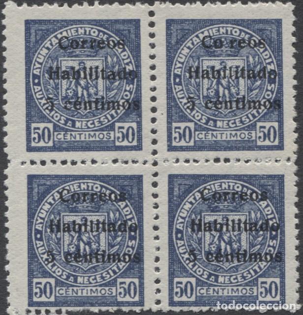 Timbres: C&Aacute;DIZ - AUXILIOS A NECESITADOS - ERROR &rdquo;CO REOS&rdquo; / Habilitado / 5 c&eacute;ntimos - Bloque de 4
