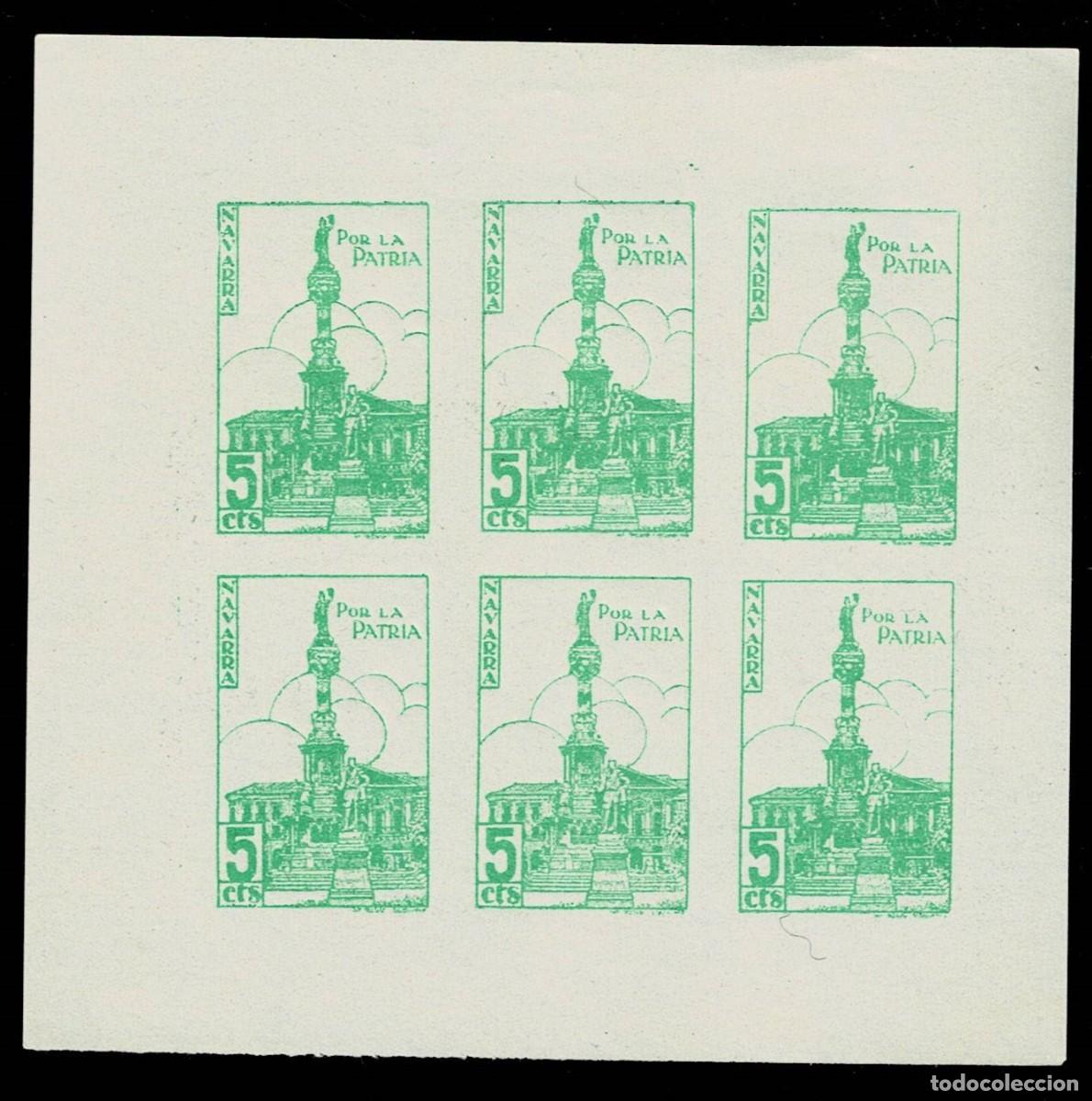 Selos: HB-14 GUERRA CIVIL - NAVARRA Fesofi n&ordm; 3 SIN DENTAR en Hojita Bloque de 6 ejemplares. Sin fijasello