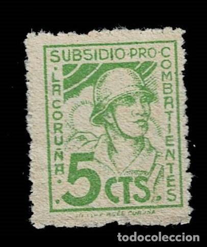 Selos: Guerrs Civil CORU&Ntilde;A Subsidio PRO COMBATIENTES Soldado con CASCO Valor 5 cts Color VERDE Papel GRIS O
