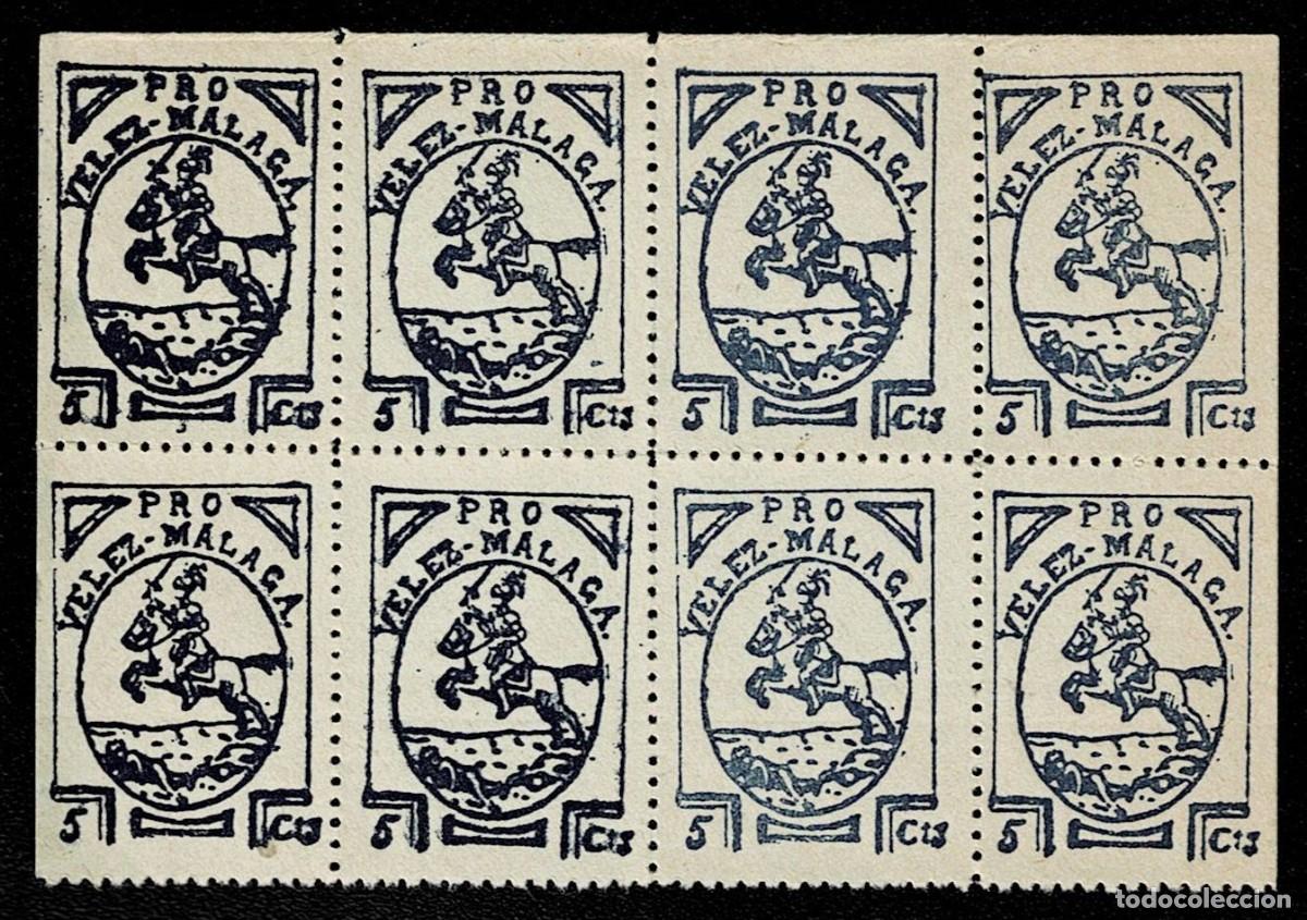 Selos: Guerra Civil VELEZ-MALAGA Fesofi n&ordm; 2 Bloque de 8 PAPEL ORDINARIO GRISACEO SIN GOMA con Variedades