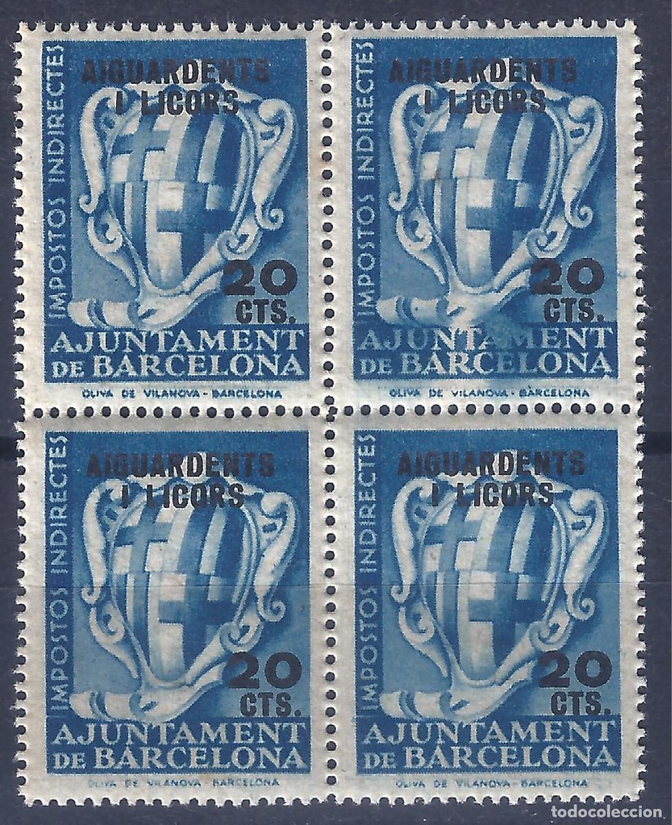Sellos: AJUNTAMENT DE BARCELONA. SOBRECARGA AIGUARDENTS I LICORS 20 CTS. (B/4). MNH ** (SALIDA: 0,01 &euro;).