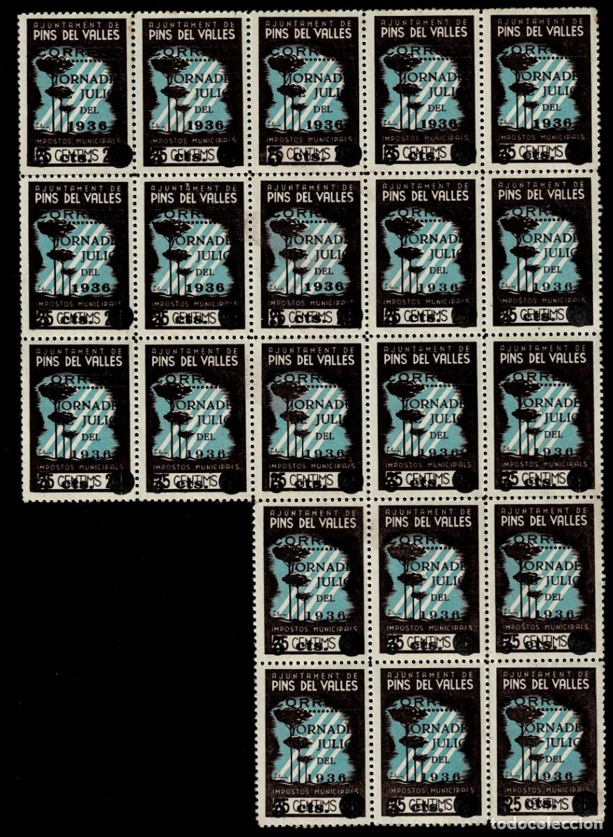 Selos: L24-14 Guerra Civil PINS DEL VALLES Bloque de 21 ejemplares Valor 5 cts s. 25 cts con la VARIEDAD