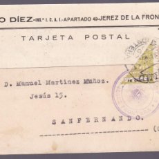 Sellos: F31-59-GUERRA CIVIL . TARJETA POSTAL JEREZ FRONTERA-SAN FERNANDO. 1937. MUY RARO FRANQUEO