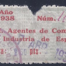 Sellos: U.G.T. FEDERACIÓN AGENTES DE COMERCIO E INDUSTRIA DE ESPAÑA. CUOTA MAYO 1938.