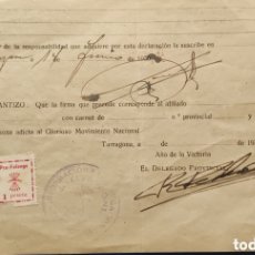 Francobolli: GUERRA CIVIL DOCUMENTO FALANGISTA CON PAREJA DE VIÑETAS PRO FALANGE 1 PTA TARRAGONA 1939