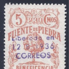 Sellos: FUENTE DE PIEDRA (MÁLAGA). SOBRECARGA LIBERADA EN 12-8-1936 CORREOS. 5 CÉNTIMOS. MLH.