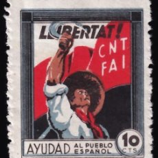 Sellos: C.N.T - F.A.I, ”AYUDA AL PUEBLO ESPAÑOL” LEYENDA EN CASTELLANO, 10 C. ROJO Y NEGRO.