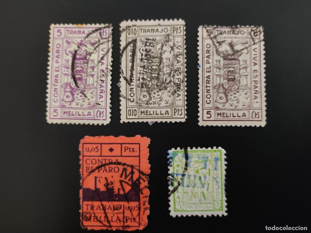 Briefmarken: ESPA&Ntilde;A.GUERRA CIVIL . MELILLA CINCO VALORES MATASELLADOS. 59