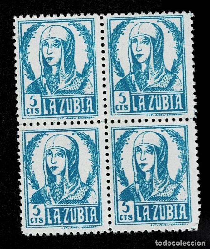Briefmarken: Guerra Civil LA ZUBIA Fesofi n&ordm; 1 EN BLOQUE DE 4 Valor 5 cts Color AZUL Papel BLANCO Sin fijasellos