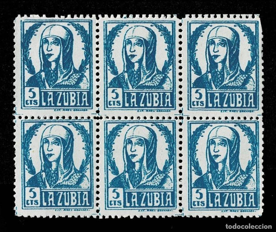 Briefmarken: Guerra Civil LA ZUBIA Fesofi n&ordm; 1 EN BLOQUE DE 6 PARCIALMENTE CALCADO Valor 5 cts Color AZUL Papel B