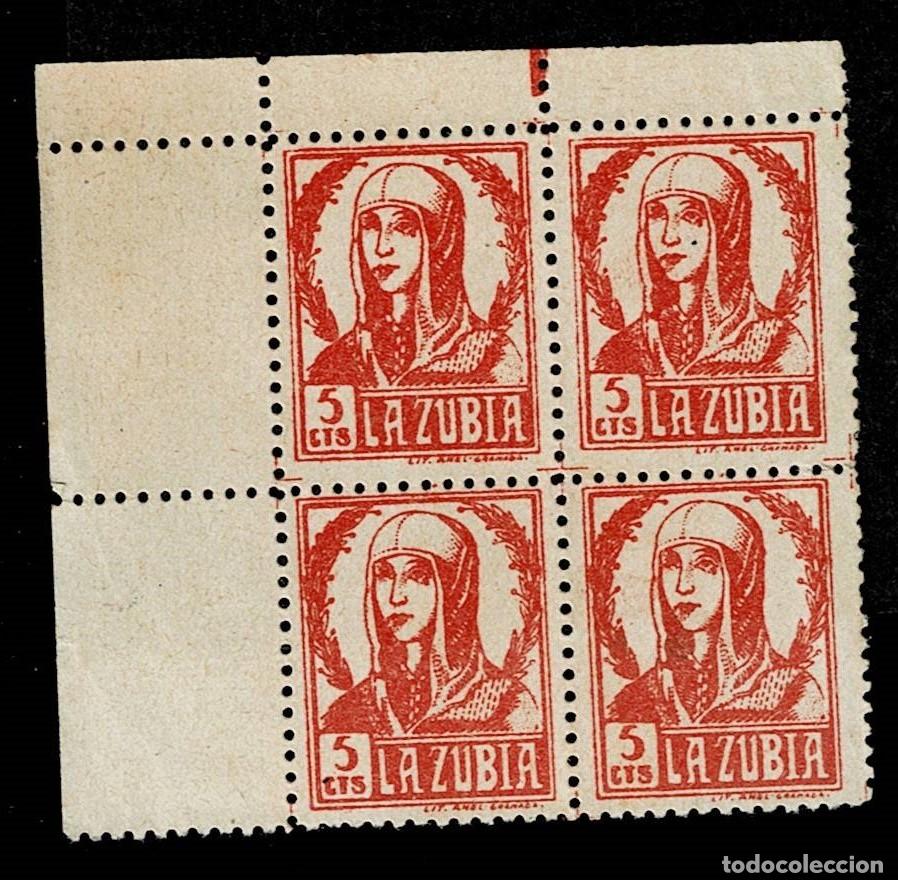 Stamps: Guerra Civil LA ZUBIA Fesofi n&ordm; 3 EN BLOQUE DE 4 Valor 5 cts Color NARANJA Sin fijasellos