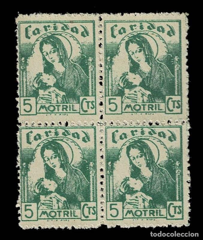 Stamps: Guerra Civil MOTRIL Correos Fesofi n&ordm; 7 Papel AHUESADO Sin engomar en BLOQUE DE 4 Valor 5c Color VE